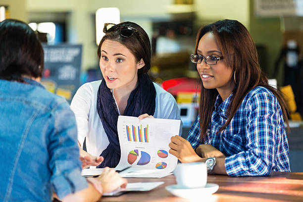 Diverse young businesswomen having business strategy meeting in coffee shop